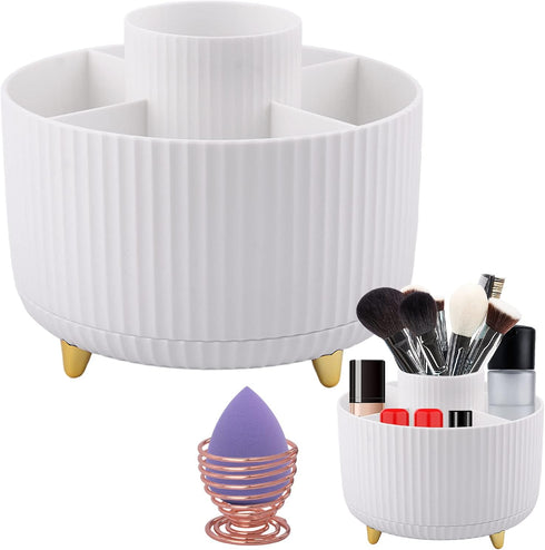 Makeup Brush Organizer,With A Stainless Steel Makeup Sponge Holder,360° Rotating Makeup Organizer,5 Slot Makeup Brushes Cup,Cosmetic Storage,Desk ...