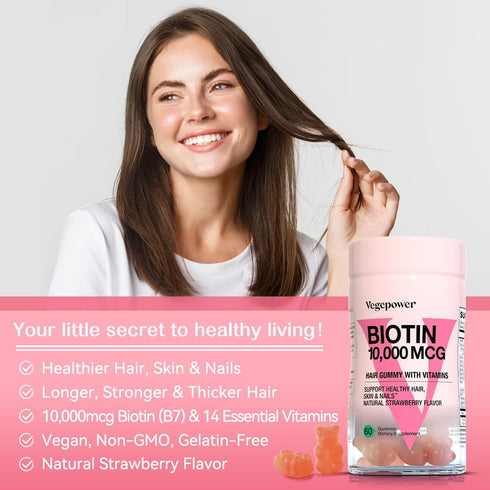 Biotin 10000mcg Hair Growth Gummies - Vegan Biotin Supplement Supports Healthy Hair, Skin and Nails, Non-GMO Hair Vitamin Gummy for Women Men Stra...
