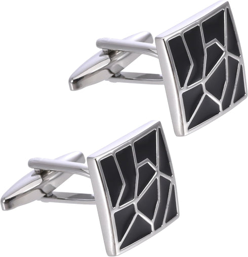 Square Classic Black Cufflinks for Men Lady In Gift Case Silver Tone Irregular Geometric Pattern Men's Cufflinks Jewelry for Wedding Anniversary B...