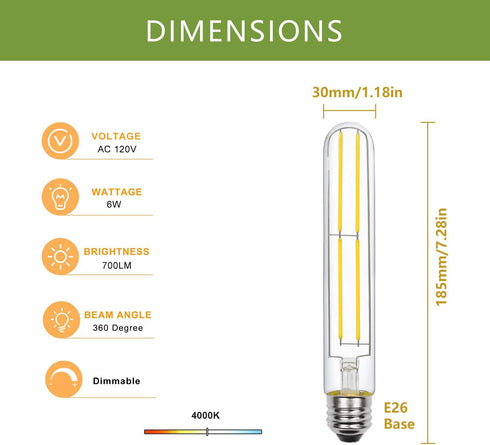 T10 LED Tubular Light Bulb Dimmable, 6W Long Tube Vintage LED Filament Bulbs 60 Watt Equivalent, Neutral White 4000K, 700LM with 85+ CRI, 7.3 Inch...