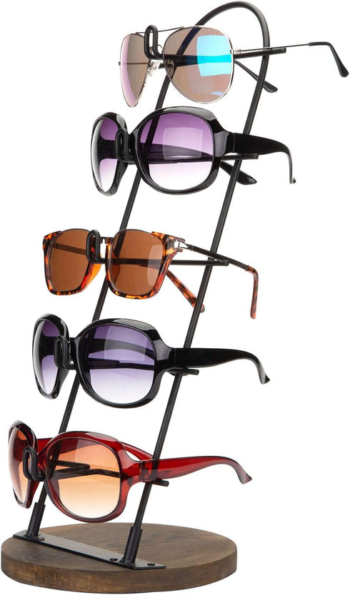 MyGift 5 Tier Black Metal Sunglasses Display Stand Rack Jewelry Organizer Holder for Sunglasses, Eyewear, Glasses with Round Burnt Wood Base...