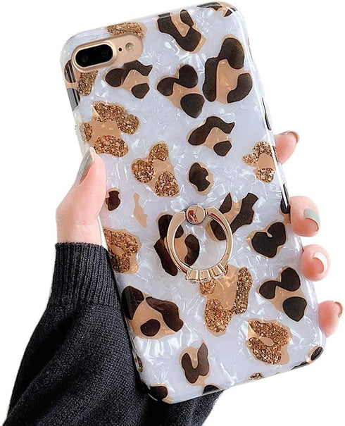 Qokey for iPhone 7 Plus/8 Plus Case 5.5 inch Glitter Leopard Cute Stand Design for Women Girls 360 Degree Rotating Ring Stand Holder Kickstand Sof...