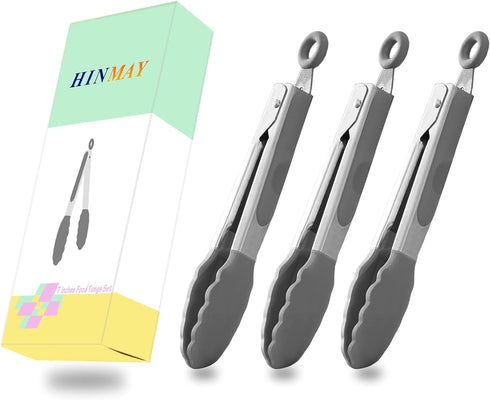 Small Serving Tongs with Silicone Tips 7 Inch Mini Stainless Steel Food Tongs, Set of 3 (Gray)...