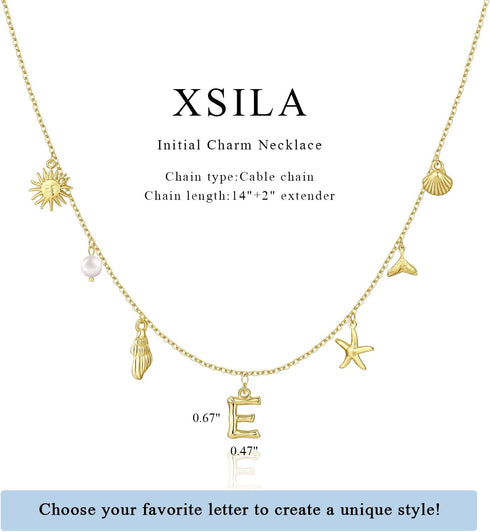 Gold Initial Charm Necklaces for Women, Boho Surfer Beach Letter Necklace 14K Gold Plated A-Z Pendant Alphabet Choker Necklace Personalized Monogr...