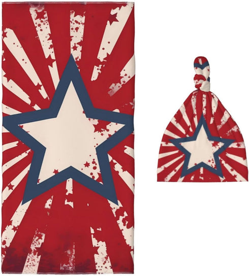 Star Stripes Baby Swaddle Blanket with Beanie Set, Newborn Receiving Blankets 35.4"X 35.4" USA Flag Soft Swaddle Wrap Baby Stuff for Infant Boy Gi...