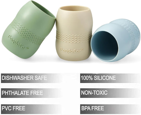 PandaEar 3 Pack 100% Tiny Silicone Drinking Training Cup for Baby and Toddler, Tiny Open Cups for Infants (Blue/Green/Tan)...