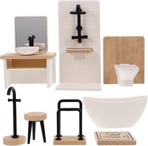 Toyvian 8pcs Dollhouse Bathroom Set: 1 12 Scale Dollhouse Toilet Bathtub Basin Wooden Bathroom Cabinet with Sink Miniature Furniture for Doll Bath...
