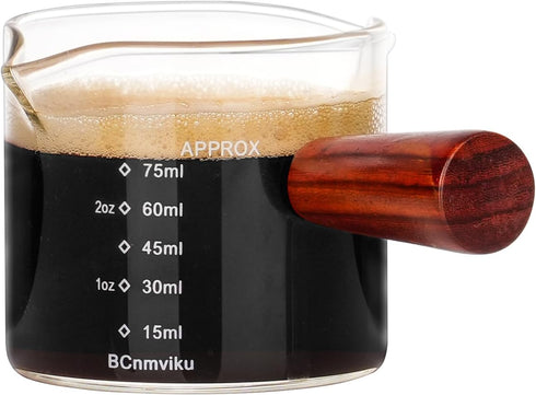 1 Pack Double Spouts Measuring Triple Pitcher Milk Cup with Wood Handle 75ML Espresso Shot Glasses Parts Clear Glass By BCnmviku...