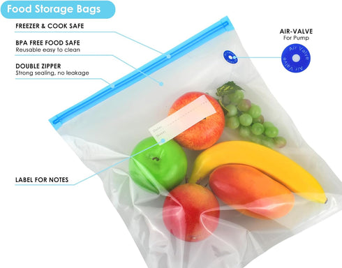 Sous Vide Bags Set of 21 Pieces (Includes 5 Large/5 Medium/5 Small Vacuum Seal Bags, 1 Hand Pump and 5 Sealing Clips) for Sous Vide Cooking, Micro...