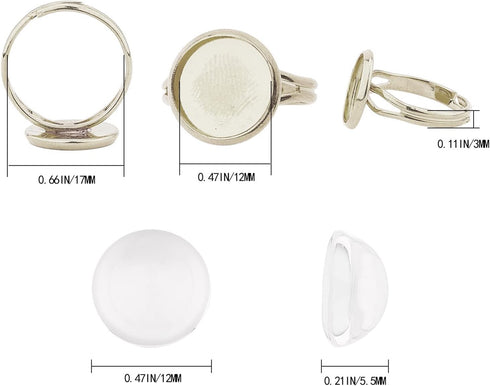 SUNNYCLUE 30Pcs 12mm Adjustable Cabochon Ring Settings with 30Pcs Round Glass Dome Cabochons Blank Finger Rings for DIY Ring Making Jewelry Making...