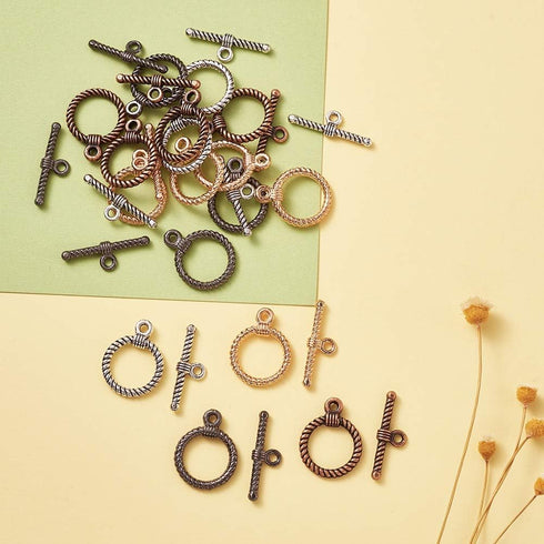 Beadthoven 20 Sets Tibetan Style Twisted Toggle T-Bar Clasps Mixed Color Round Bracelet Jewelry Claps Connectors OT Buckle Closure Findings for DI...