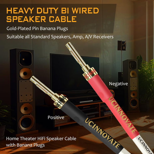 2 Pack 14 AWG OFC Speaker Cable with Pin Banana Plugs, Craft-made HiFi 1.5m/4.9Ft White Square Speaker Wire With Gold-plated Banana Plugs, Speaker...