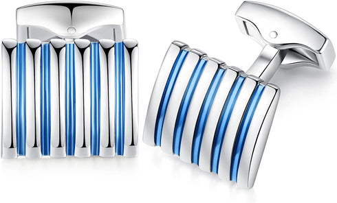 HONEY BEAR Rectangle Striped Cufflinks for Mens Business Wedding Gift Blue...