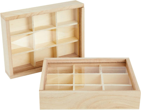 Bright Creations Small Unfinished Wood Box with Lid, 9 Compartment Storage Boxes (6.75 x 5.1 Inches, 2 Pack)...