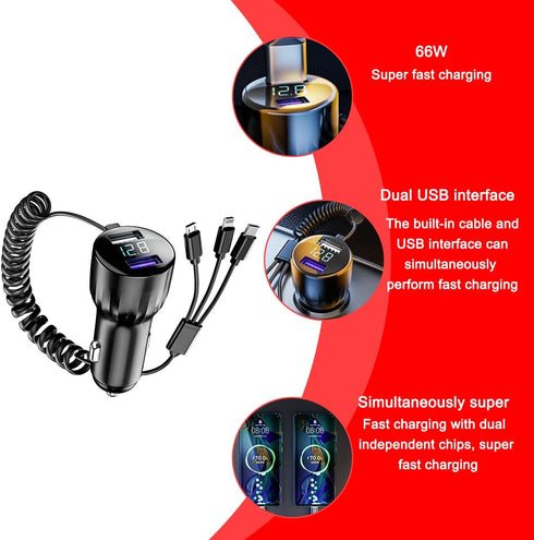 66W Super Fast Car Charger, Mini USB TypeC PD QC4.0 Dual Port Automotive Phone Charger Adapter with 3 Coiled Cable, Compatible with 13 14 15 Pro M...