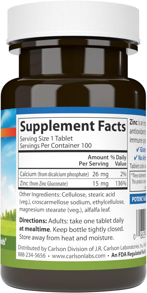 Carlson - Zinc, 15 mg, Zinc Supplement, Zinc Gluconate, Immune Support & Skin Health, Zinc Tablets, Antioxidant, Zinc Capsules, 100 Tablets...