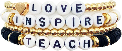 Pingyongchang Beaded Teacher Bracelet Mixed Color Ploymer Clay Bracelets for Women Bohemian Handmade Beaded Teacher Appreciation Bracelet Love Tea...