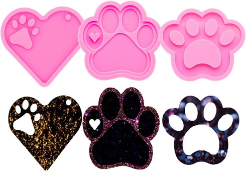 3pc Glossy Resin Silicone Paw Print Molds DIY Making Keychain, Heart with Paw Cutout Epoxy Mold with 10PC Key Ring(DY0129+DY0292+DY0404)...