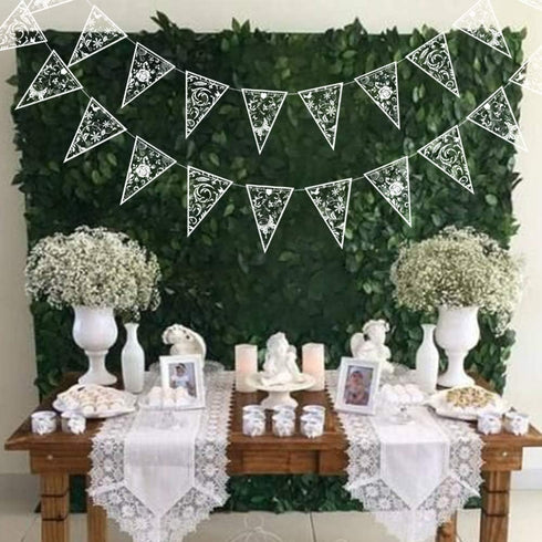 Cheerland 4 Pcs White Floral Lace Pennant Banner Triangle Bunting Garland Wedding Decoration Bridal Shower Decorations Anniversary Baby Baptisim D...
