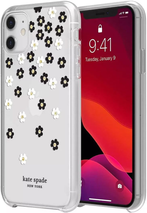kate spade new york Protective Hardshell Case for iPhone 12 Mini - Scattered Flowers Black/White/Gold Gems/Clear/White Bumper...