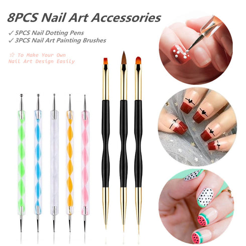 5PCS Dotting Pens with 3 PCS Nail Painting Brushes, Double Ended Brush and Dotting Tool Kit, Nail Art Design Tools...