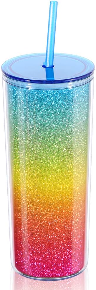 Home Tune Rainbow Tumbler with Straw, Sand Flow Glitter Double Wall Acrylic Cup Tumbler, 21 oz / 640ml (Blue)...