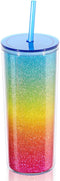 Home Tune Rainbow Tumbler with Straw, Sand Flow Glitter Double Wall Acrylic Cup Tumbler, 21 oz / 640ml (Blue)...
