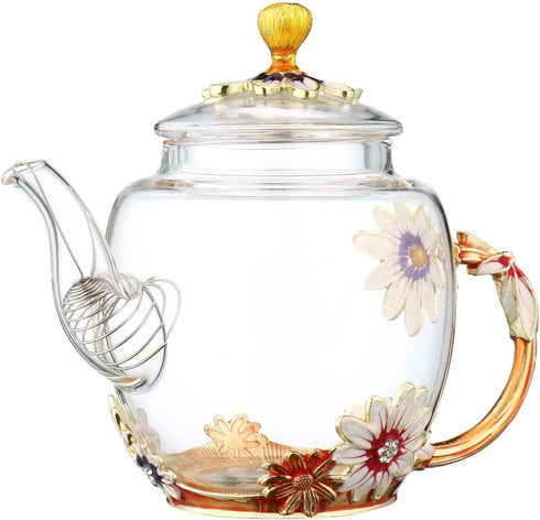 Teabloom Teapot Glass Blooming Tea Teapot for Women Blue Rose Floral Glass Teabloom Teapot with Gold for Mom Friend Christmas Birthday Anniversary...