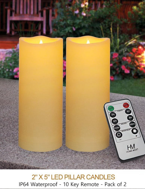 2-Pack Outdoor LED Pillar Candles with Timer and Remote - IP64 Waterproof Battery Operated 2x5 LED Pillar Candles Cream Body Wavy Edge...
