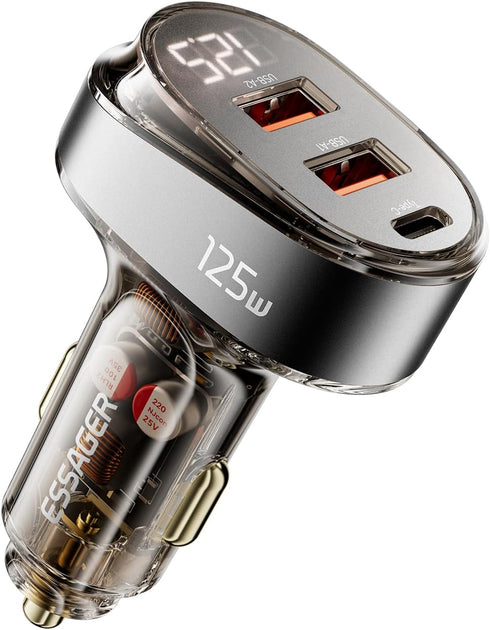 Essager Car Charger 125W Super Fast Charging with USB PD/PPS/QC 3.0(Voltmeter&LED Lights) Universal Quick Charge for 12-24V Car Cigarette Lighter ...