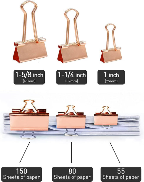 Large Rose Gold Binder Clips 1.6 inch 24 pcs, Capacity 0.66 Inch 41 mm fold clips, Large Binder Clips, Paper Binder Clips, Large Paper Clips, Offi...