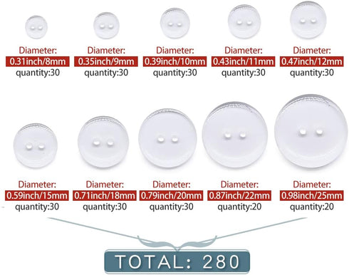 SEMINI Mixed Size 8mm-25mm 280Pcs Black/White/Transparent Resin Buttons Small Big 2 Holes Buttons Craft Buttons for Sewing,Women Men Children Clot...