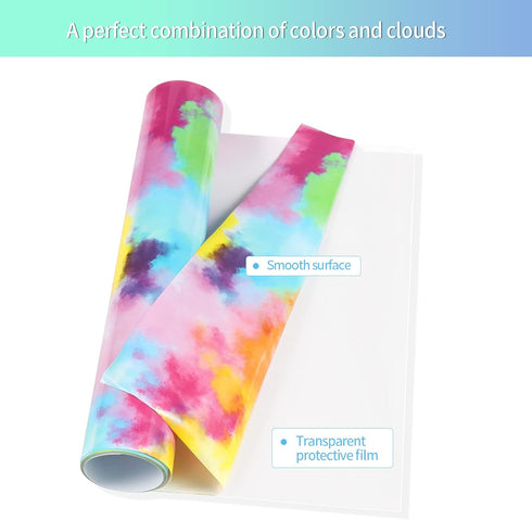 VINYL FROG Tie-Dye Heat Transfer Vinyl Roll 10" x5ft Rainbow HTV Vinyl Blue & Yellow Watercolor Clouds Patterned Vinyl for DIY T-Shirts, Bag, Shoe...