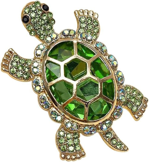 Cute Turtle Brooch Pin Crystal Rhinestones Green Marine Animals Lovely Lapel Pin Dress Accessories Boutonniere Corsage for Hat Bag Gold Tone Great...