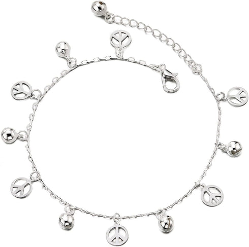COOLSTEELANDBEYOND Link Chain Anklet Bracelet with Dangling Anti-war Peace Sign and Jingle Bell, Adjustable...