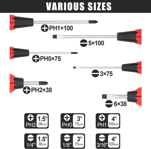 KURUI Magnetic Screwdriver Set, 6-Piece Screw Drivers Tool Set 3 Phillips and 3 Flat Head, Standard Screw Driver and Stubby Screwdriver Have Profe...