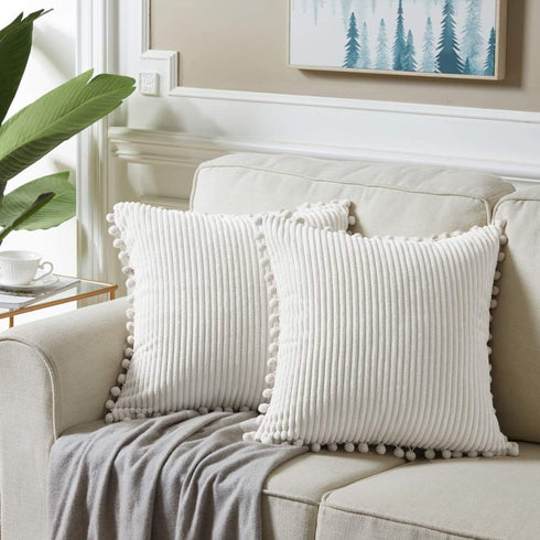 Fancy Homi 2-Pack Cream Corduroy Pom Pom Throw Pillow Covers, 18x18 Inch...