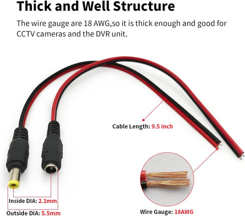 18AWG DC Power Cable, 6 Pairs DC Power Pigtail Cable Wire, 12V 5A Male & Female Connectors, Suitable for CCTV Security Cameras and Lighting Power ...