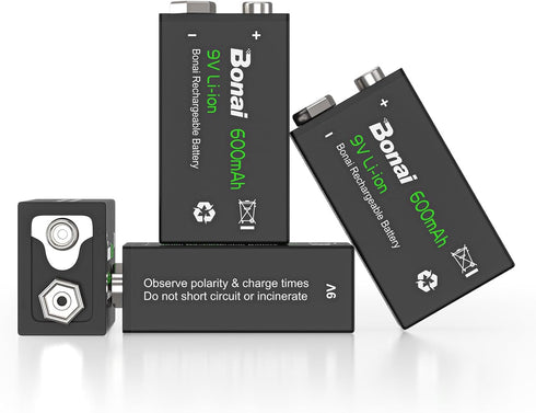BONAI Rechargeable 9V Batteries 600mAh High Capacity 9V Rechargeable Batteries,(4 Pack) 9 Volt Lithium Batteries for Smoke Alarms Metal Detector e...