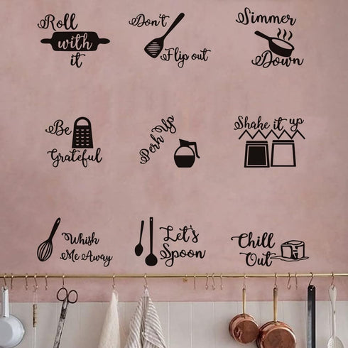 9PCS Kitchen Quotes Wall Decal, Roll It Let’s Spoon Sticker, Black Cooking Utensils Wall Art for Kitchen Dining Room Fridge Restaurant Decor...