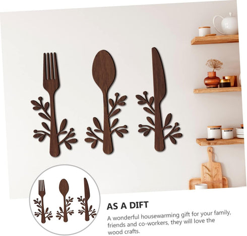 Yardenfun 3pcs Wooden and Fork Pendant Kitchen Utensils Wall Sign Fork and Spoon Wall Decor Wood Spoon Fork Sign Farmhouse Wooden Wall Plaque Coun...