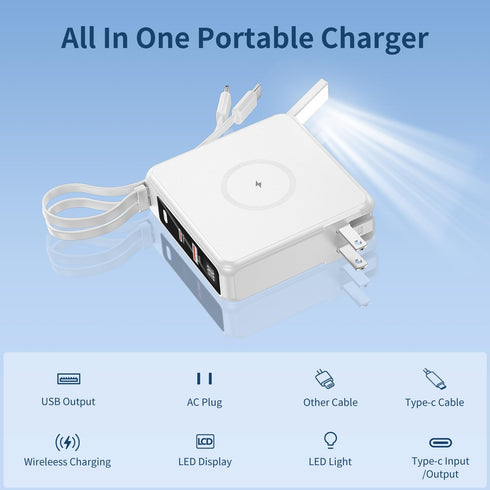 Portable Charger with Built-in Cables&AC Wall Plug, 10000mAh Wireless Charging Power Bank, PD 22.5W Fasting Charging USB C Battery Pack Compatible...