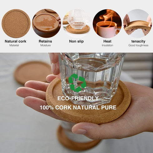 Natural Round Cork Coasters for Drinks with Lip Edge Absorbent Heat and Water Resistant Reusable Durable Saucers for Bar Glass Cup/Mug Coffee Coas...