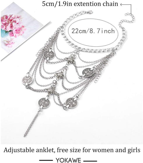 Yokawe Boho Layered Ankle Bracelets Silver Coin Anklet Chain Tassel Summer Beach Barefoot Sandals Foot Jewelry for Women and Teen Girls (2PCS)...