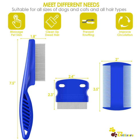6 Pack Flea Lice Comb, Stainless Steel Dog Cat Grooming Combs with Rounded Teeth, 2-in-1 Double Sided Professional Pet Tear Stain Remover, Dematti...