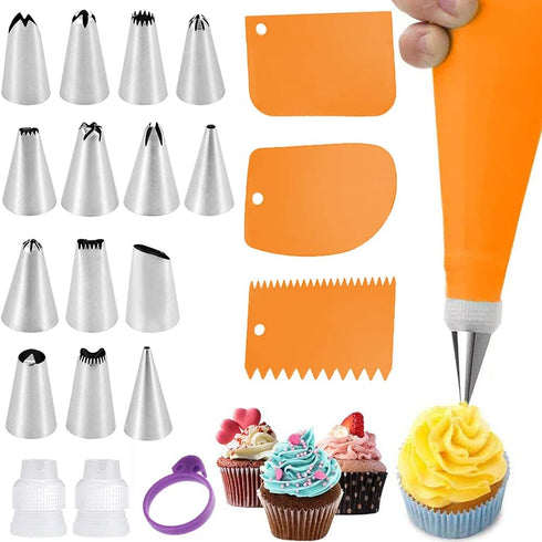 Piping Bag and Tips Set Reusable Cake Decorating Kit Tools, 14 Frosting Tips and Silicone Pastry Bag,3 Icing Smoother, 2 Couplers,1 Bag Tie for Cu...