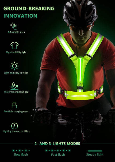 LED Reflective Vest Running Gear, USB Rechargeable Light Up Running Vest Chest Phone Holder for Runners Night Walking,6-11hrs Light Adjustable Wai...