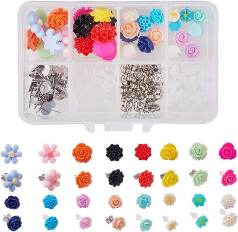 SUNNYCLUE 1 Box DIY 16 Pairs Flower Cabochons Resin Rose Flatbacks Valentine's Day Earrings Making Kit Rose Beads Love Valentine Flower 3D Flat Ba...