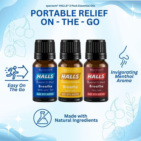 Halls Breathe Essential Oil Variety Pack – Mentho-Lyptus, Lemon, Cherry – Menthol Essential Oil for Relaxing Ambiance, Menthol Oil with Uplifting ...