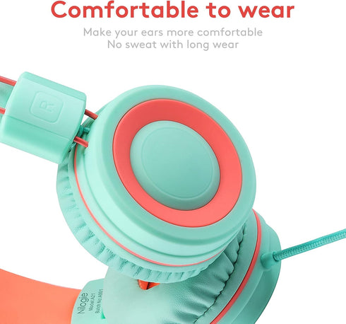 A21 Kids Headphones for School/PC/Cellphone/Airplane Travel with 3.5mm Jack Children Boys Girls Foldable Wired On-Ear Headset (Mint Coral)......